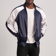 Clarke Bleu Varsity Veste en Cuir pour Homme - Vue de profil avec coupe de manche ergonomique