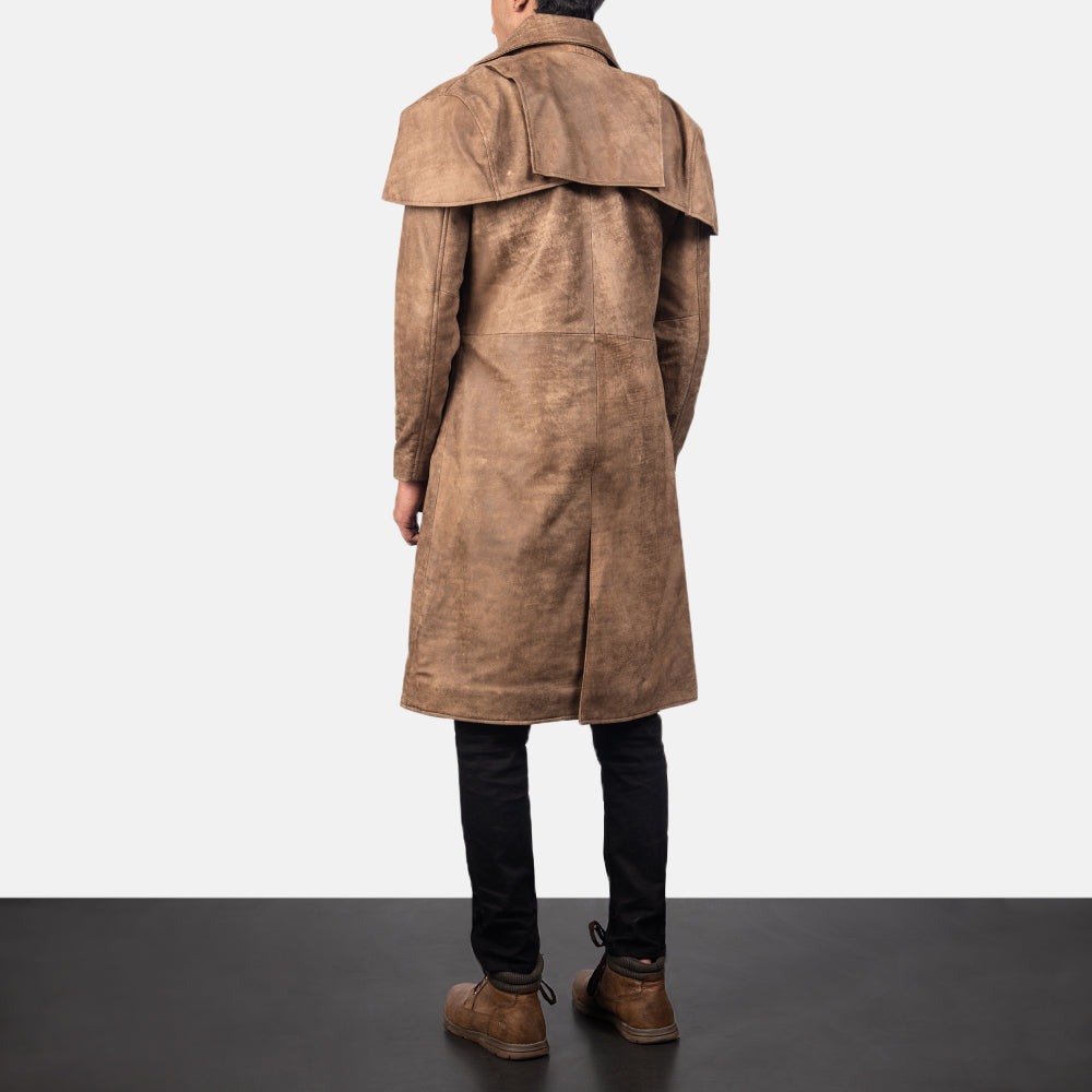 Classic Marron Leather Duster pour Homme - Vue de profil mettant en valeur la coupe de manche