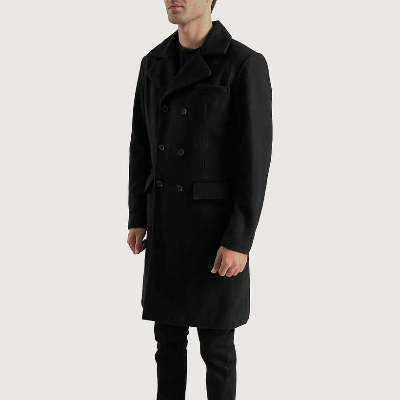 Claud Noir Wool Double-Breasted Manteau en Cuir pour Homme
