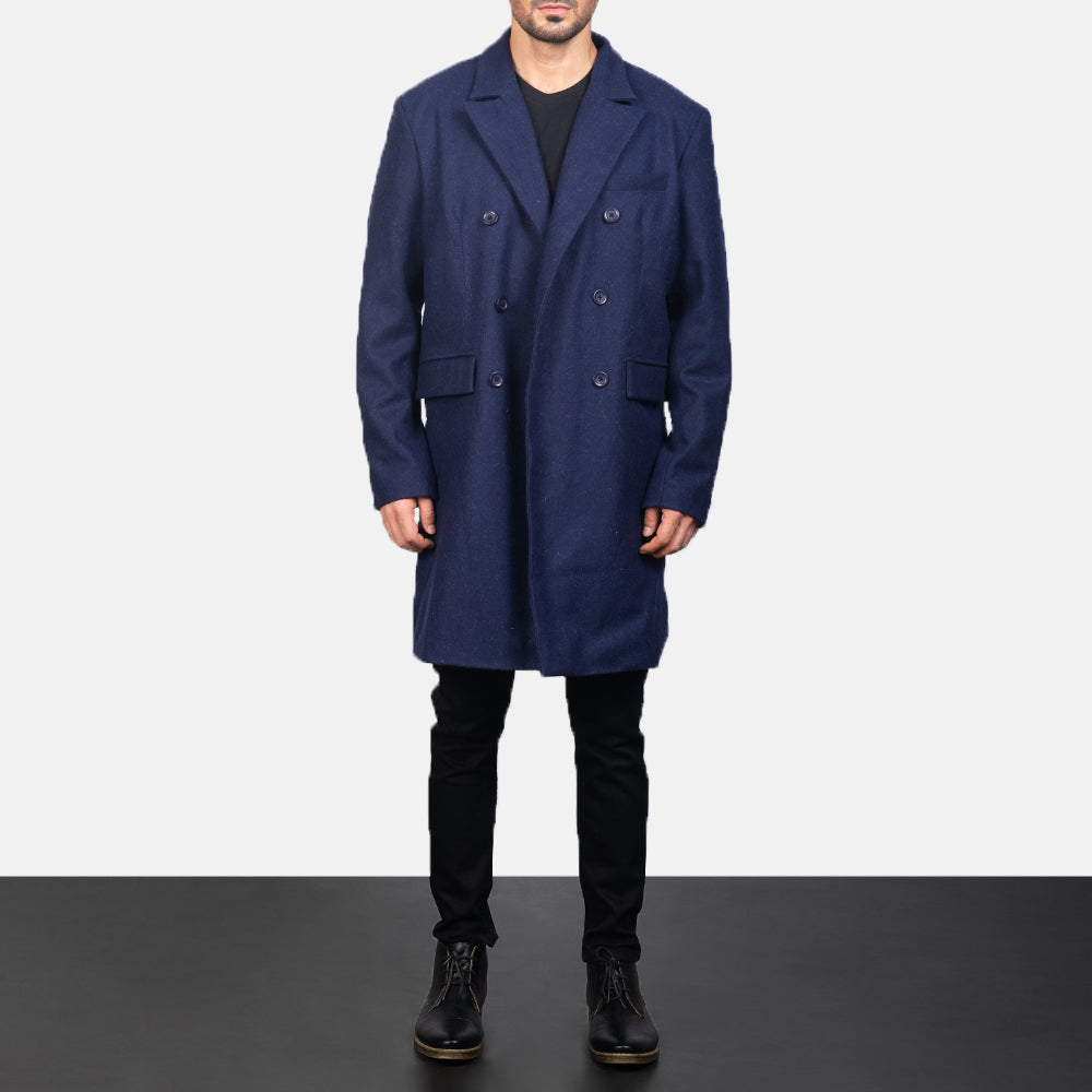 Men's Blue Wool Double Breasted Coat in Navy Blue Synthetic Wool - Vue de face &amp; silhouette ajustée | Acheter en ligne