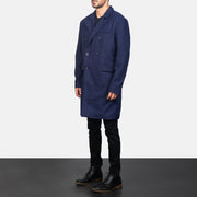 Navy Blue Synthetic Wool Trench Coat - Vue de dos avec coupe ajustée aux épaules &amp; ourlet soigné