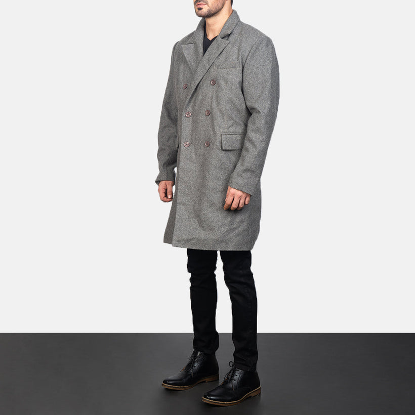 Claud Gris Wool Double-Breasted Manteau en Cuir pour Homme