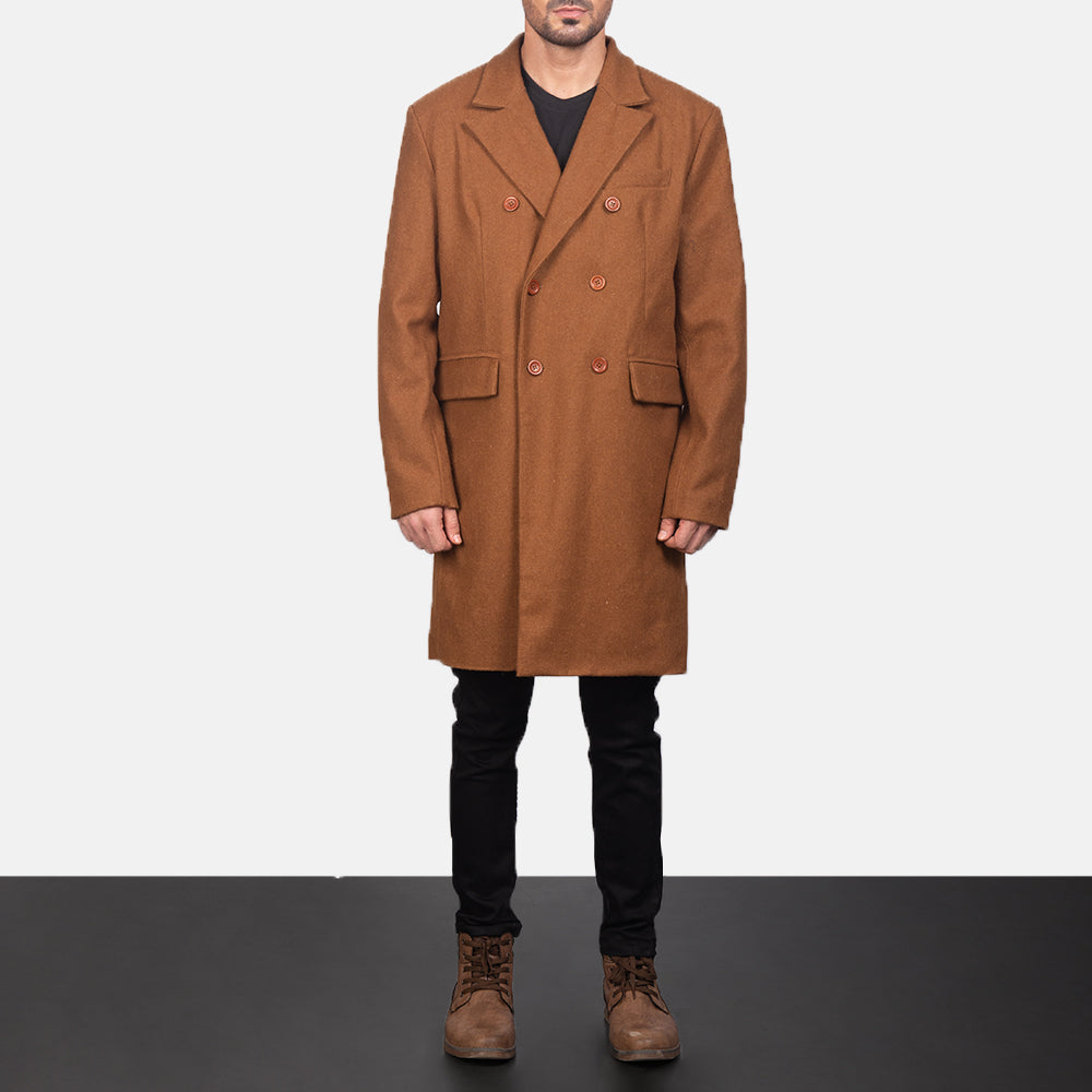 Men's Claud Khaki Wool Double Breasted Coat in Khaki Synthetic Wool - Vue de face &amp; silhouette ajustée | Acheter en ligne