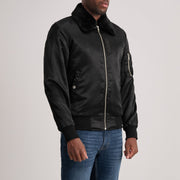 Black Satin Bomber Jacket - Vue arrière montrant la carrure ajustée et l'ourlet net