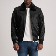 Vue détaillée of Removable faux fur collar &amp; Zipper Hardware on Clyde B-15 Black Bomber Jacket