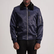 Clyde B-15 Bleu Blouson Bomber en Cuir pour Homme in Blue Satin - Vue de face &amp; silhouette ajustée | Acheter en ligne