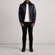 Vue détaillée of Removable faux fur collar &amp; Zipper Hardware on Clyde B-15 Bleu Blouson Bomber en Cuir pour Homme