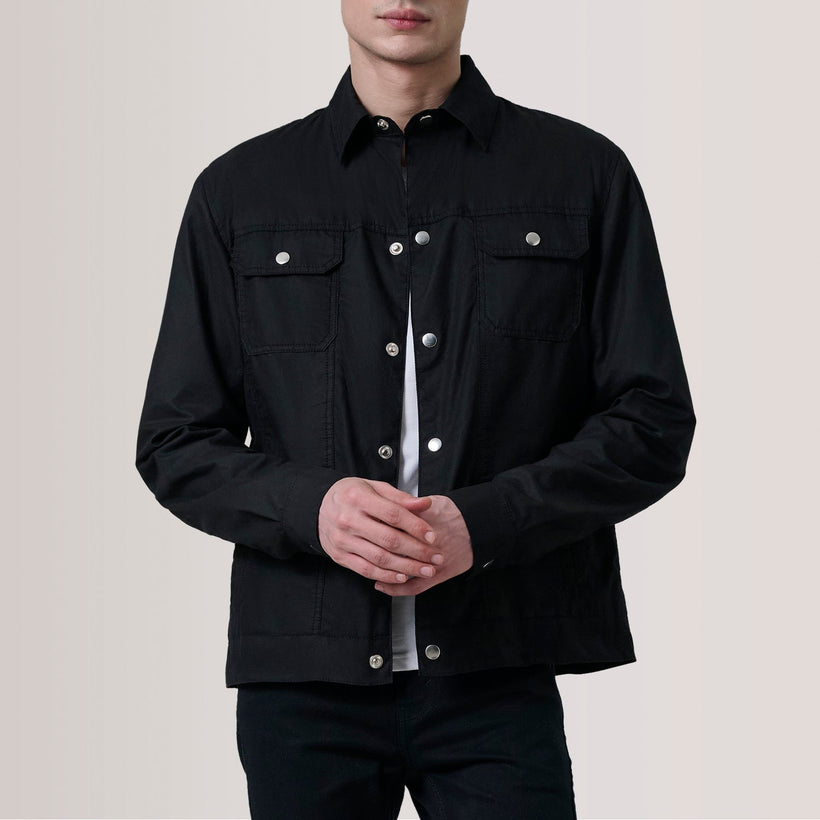 Colberto Noir Waxed Canvas Trucker Veste en Cuir pour Homme