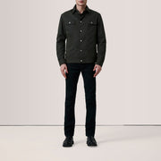 Olive Waxed Cotton Canvas Leather Jacket - Vue de dos avec coupe ajustée aux épaules &amp; ourlet soigné