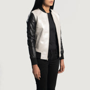 Silver &amp; Black Sheepskin Leather Bomber Jacket - Vue de dos avec coupe ajustée aux épaules &amp; ourlet soigné