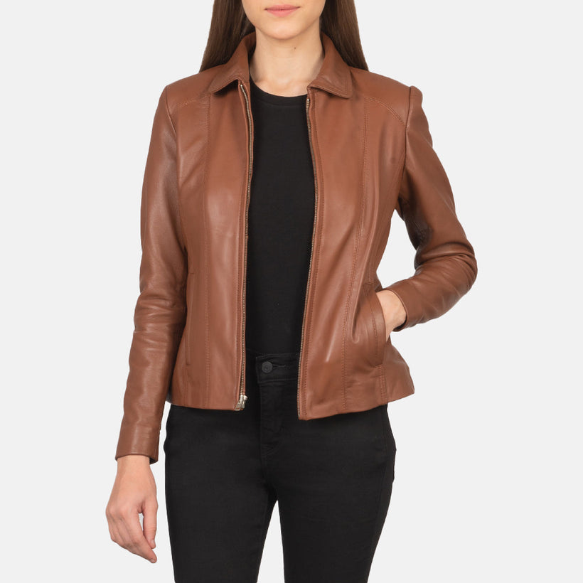 Women Colette Brown Leather Jacket in Brown Sheepskin Leather - Front Profile View & Tailored Silhouette | Buy Online