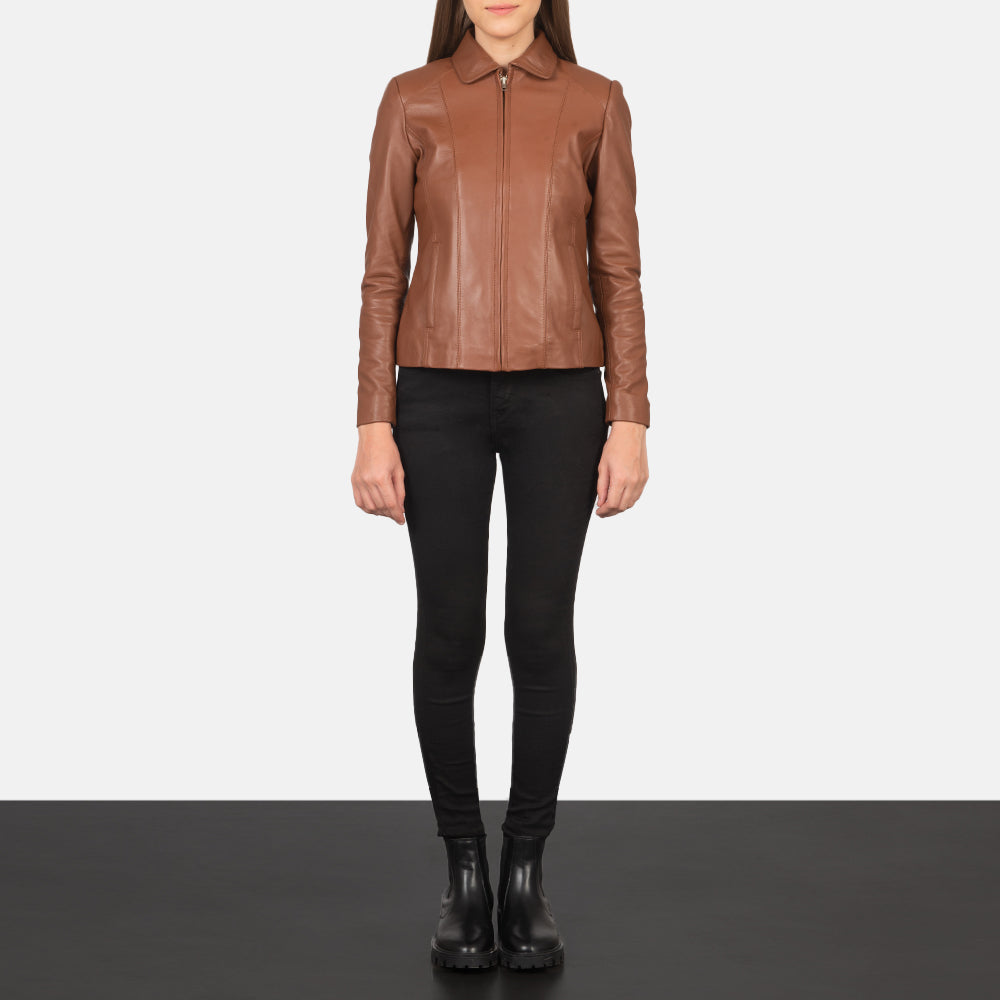 Women Colette Marron Veste en Cuir pour Femme - Vue de profil avec coupe de manche ergonomique