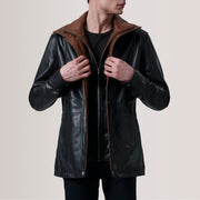 Connor Black Leather Coat For Men in Black Sheepskin Leather - Vue de face &amp; silhouette ajustée | Acheter en ligne