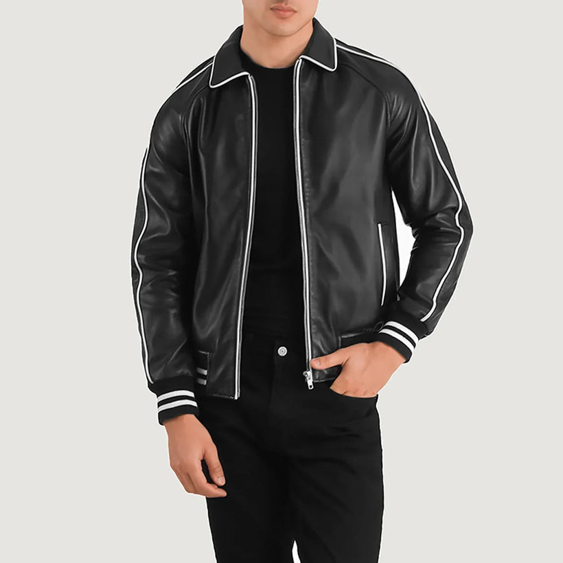 Cooper Noir Leather Varsity Veste en Cuir pour Homme