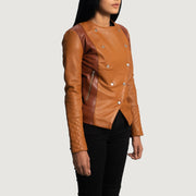 Tan Brown Sheepskin Leather Biker Jacket - Vue de dos avec coupe ajustée aux épaules &amp; ourlet soigné