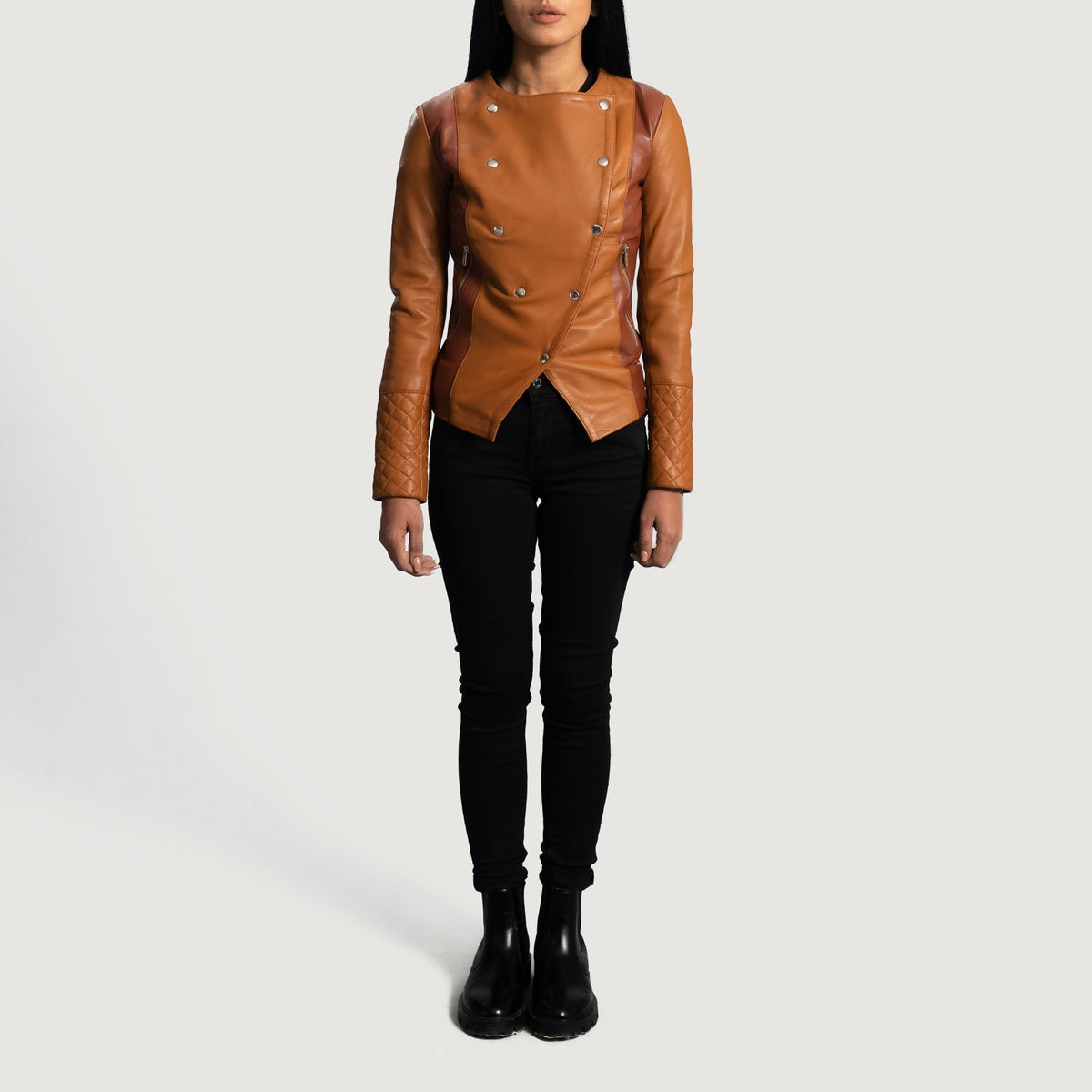 Vue détaillée of Classic Collar &amp; Button Hardware on Women's County Camel Overlap Veste en Cuir pour Femme