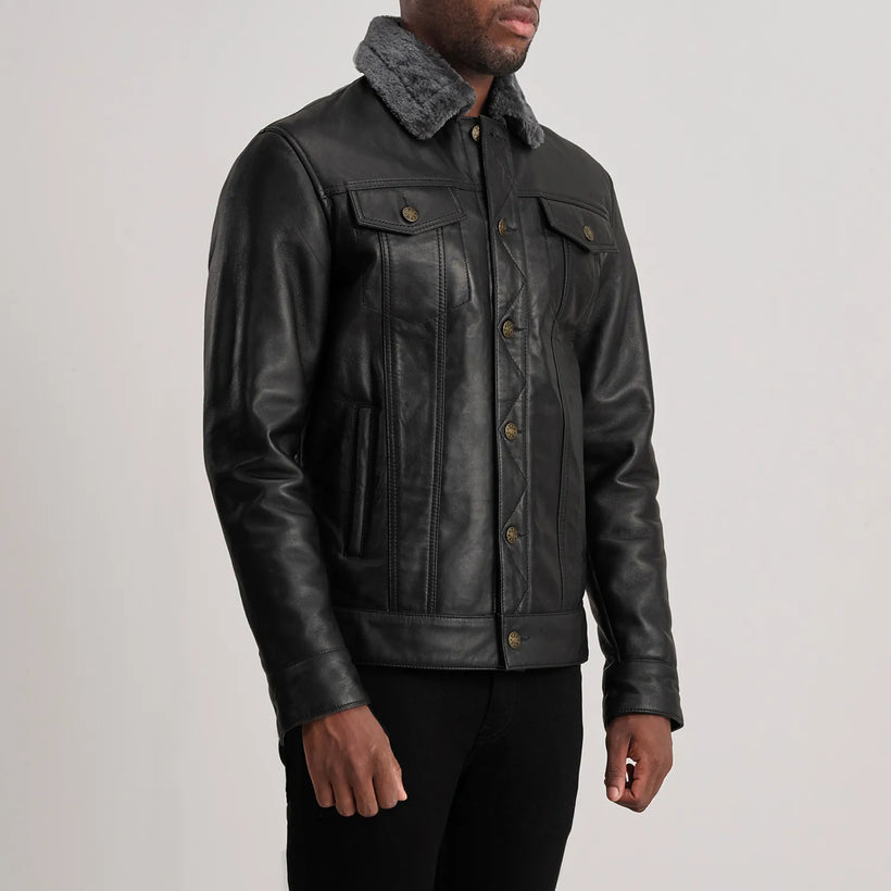 Dallis Noir Leather Shearling Trucker Veste en Cuir pour Homme