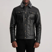 Vue détaillée of Classic Collar &amp; Button Hardware on Dallis Noir Leather Shearling Trucker Veste en Cuir pour Homme