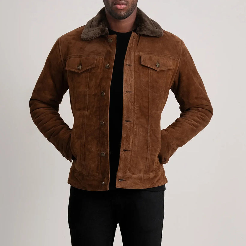 Dallis Marron Suede Shearling Trucker Veste en Cuir pour Homme