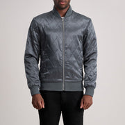 Danson Matelassé Gris Varsity Veste en Cuir pour Homme in Grey Satin - Vue de face &amp; silhouette ajustée | Acheter en ligne