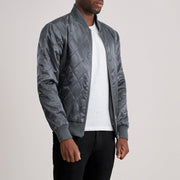 Grey Satin Varsity Jacket - Vue de dos avec coupe ajustée aux épaules &amp; ourlet soigné