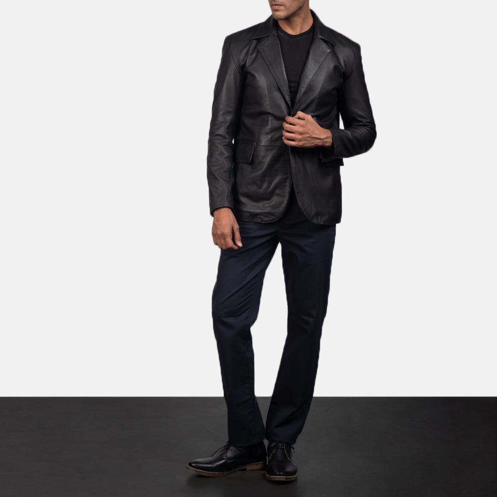 Men's Daron Noir Blazer en Cuir en Cuir pour Homme - Vue de profil avec coupe de manche ergonomique