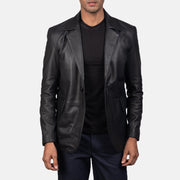 Vue détaillée of Notch &amp; Button Hardware on Men's Daron Noir Blazer en Cuir en Cuir pour Homme