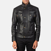 Men's Darren Black Leather Biker Jacket in Black 100% Full-Grain Leather - Vue de face &amp; silhouette ajustée | Acheter en ligne