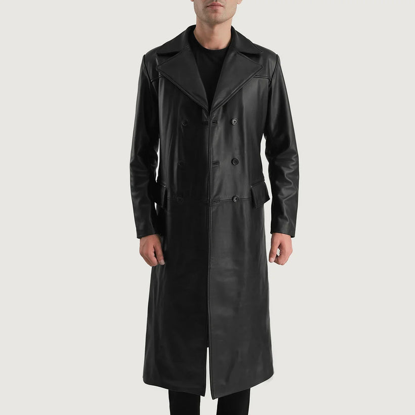 Delmar Noir Leather Double-Breasted Manteau en Cuir pour Homme
