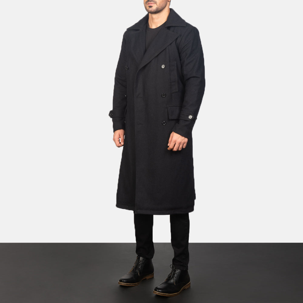 Black Synthetic Wool Trench Coat - Vue de dos avec coupe ajustée aux épaules &amp; ourlet soigné