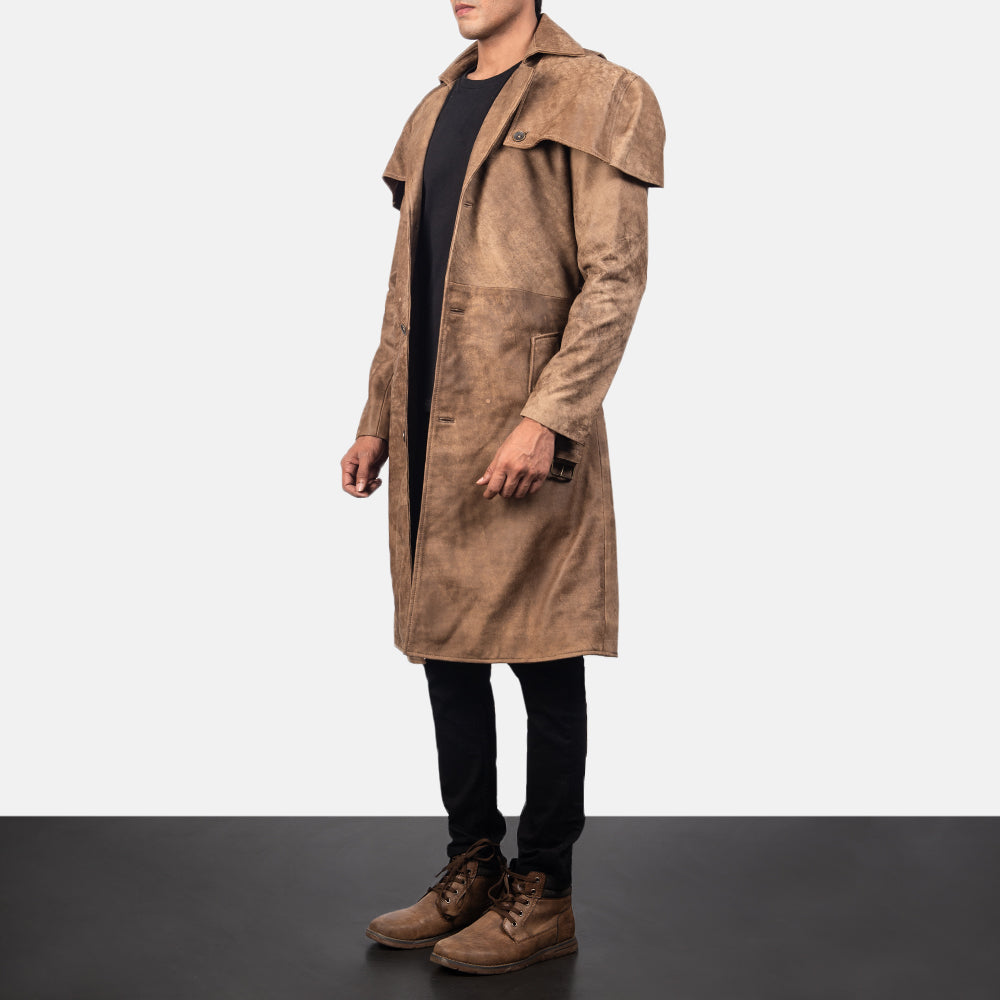 Distressed Brown Semi-Aniline Snuffed Trench Coat - Back View Showing Tailored Shoulder Fit & Clean Hemline