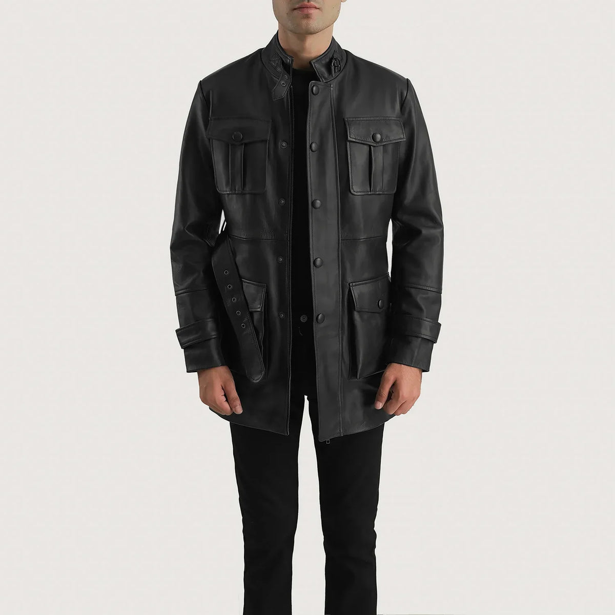 Dolf Noir Veste en Cuir pour Homme in Black Cowhide Leather - Vue de face &amp; silhouette ajustée | Acheter en ligne