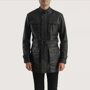 Vue détaillée of High neck with Belt &amp; Snap button Hardware on Dolf Noir Veste en Cuir pour Homme