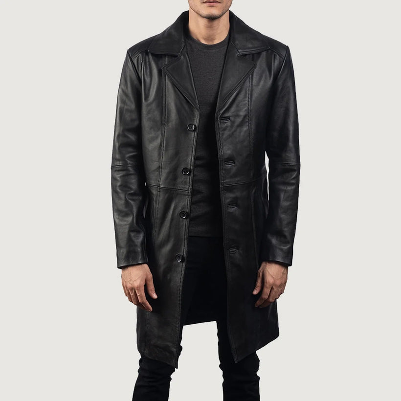 Don Long Noir Manteau en Cuir pour Homme