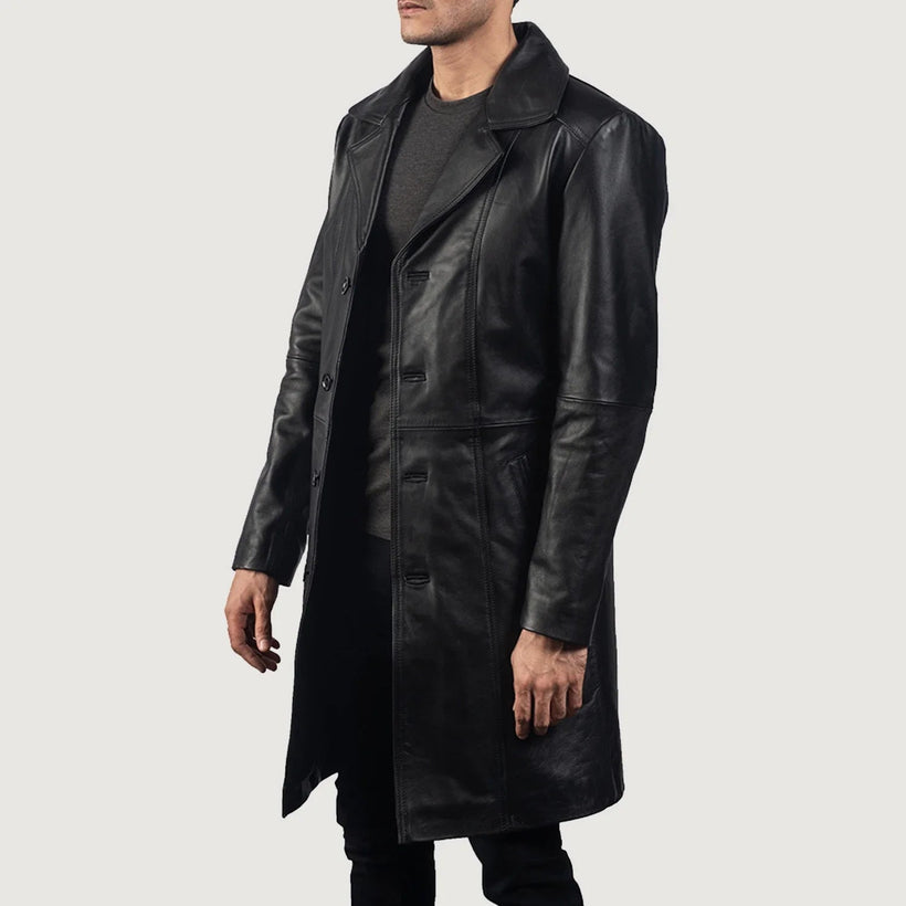 Don Long Noir Manteau en Cuir pour Homme