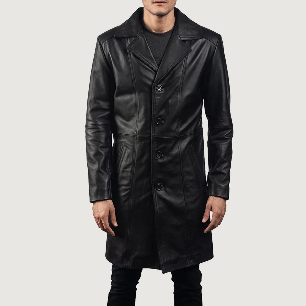 
Don Long Noir Manteau en Cuir pour Homme - Vue de profil mettant en valeur la coupe de manche ergonomique
