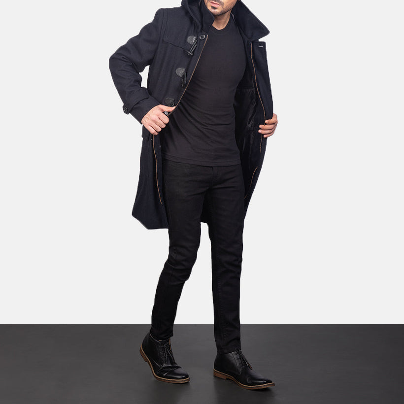 Drake Noir Wool Hooded Duffle Manteau en Cuir pour Homme