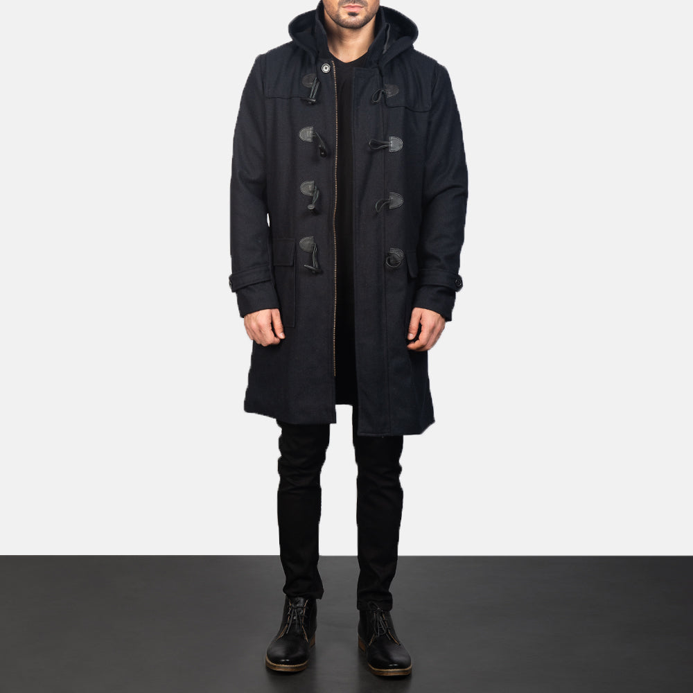 Men's Drake Black Wool Duffle Coat - Lateral Side Profile View Showing Sleeve Cut & Athletic Taper Fit
