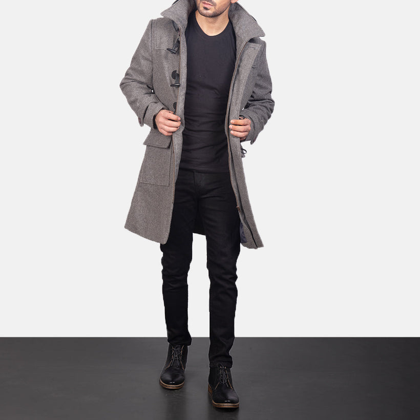 Drake Gris Wool Hooded Duffle Manteau en Cuir pour Homme