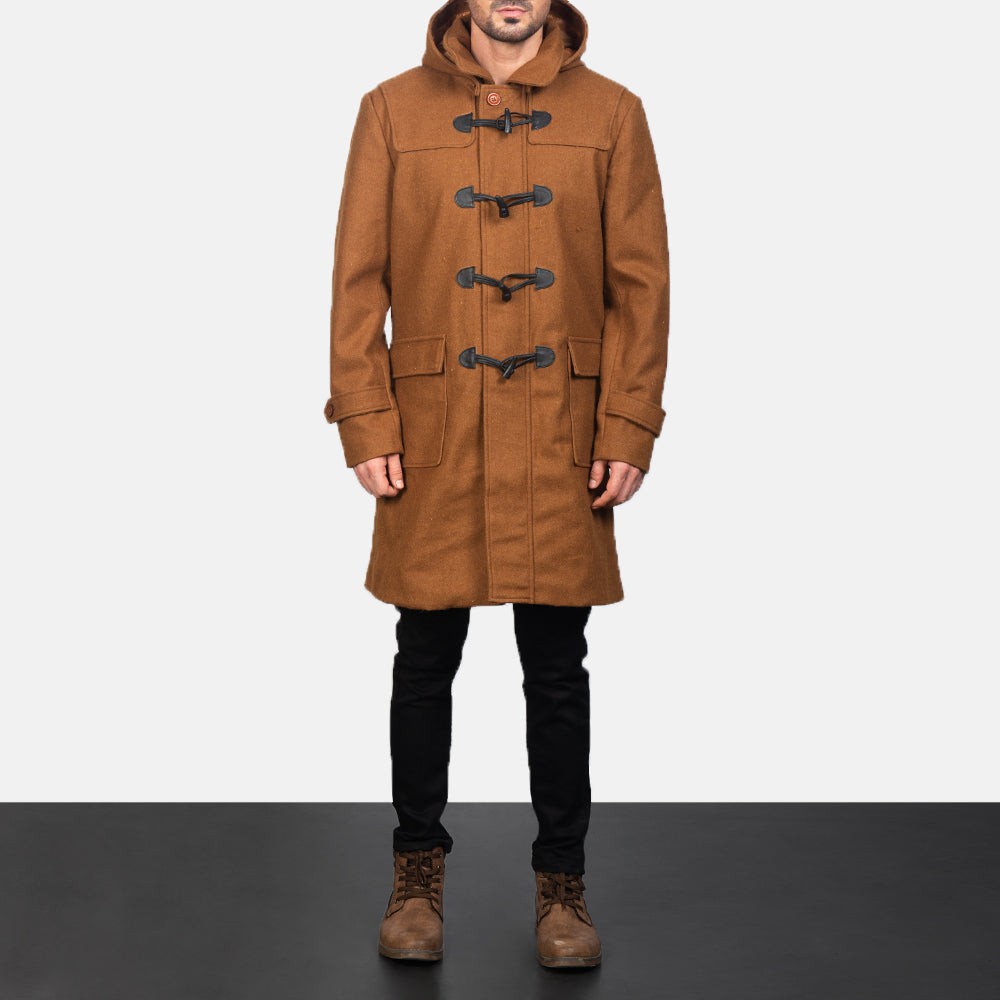 Close-Up Detail of Shirt with Removable Hood & Toggle Buttons with Placket & Zipper Hardware on Men's Drake Khaki Wool Duffle Coat