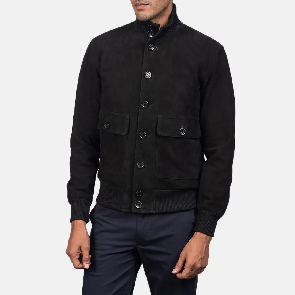 Men's Eaton Brown Suede Bomber Jacket - Vue de profil avec coupe de manche ergonomique