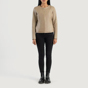 
Elixir Beige Collarless Leather Jacket - Vue de profil mettant en valeur la coupe de manche ergonomique