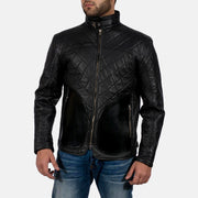 
Black Sheepskin Leather Biker Jacket - Vue arrière montrant la carrure ajustée et l'ourlet net