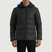 
Erico Noir Hooded Puffer Veste en Cuir pour Homme en cuir de vachette noir véritable - Vue de face & silhouette ajustée | Acheter en ligne