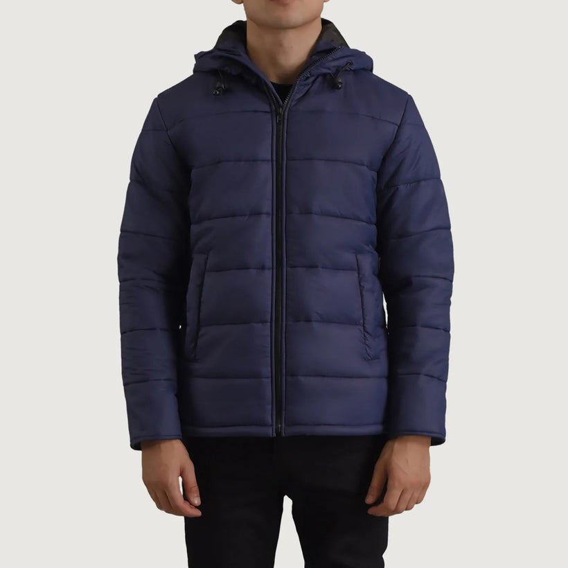 Erico Bleu Hooded Puffer Veste en Cuir pour Homme