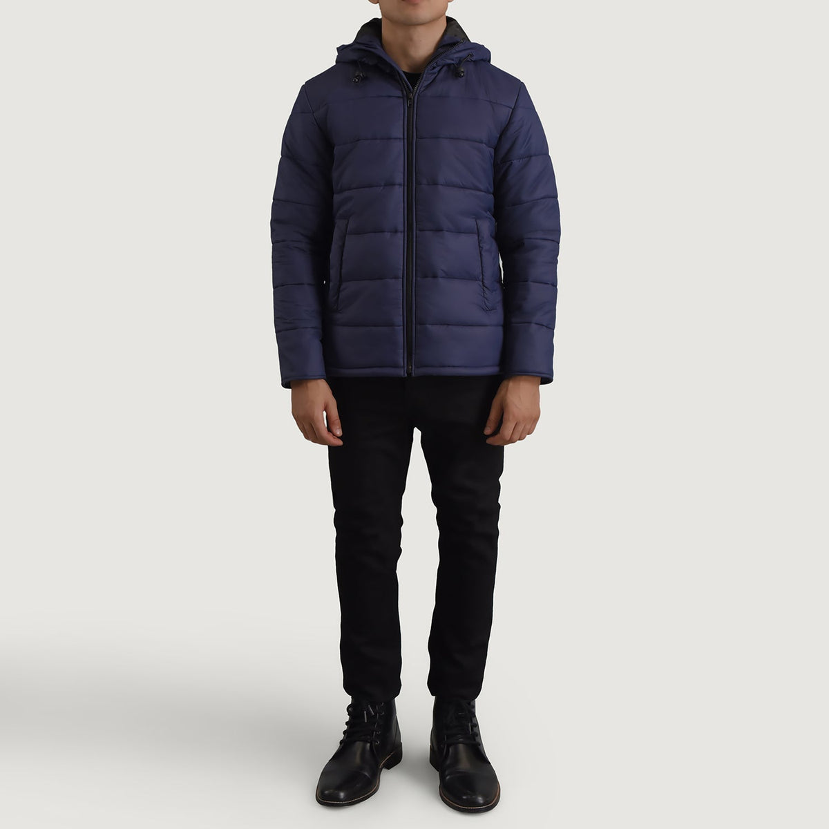 
Erico Bleu Hooded Puffer Veste en Cuir pour Homme - Vue de profil mettant en valeur la coupe de manche ergonomique