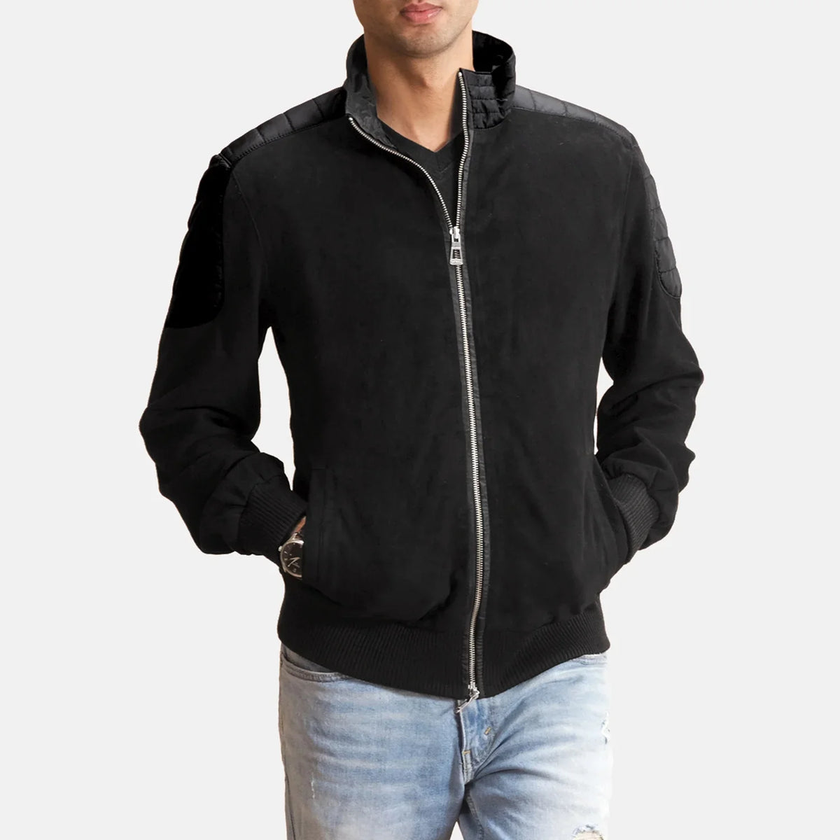 
Ethan Hybrid Suede Blouson Bombardier en Cuir pour Homme in Black Goatskin Suede - Vue de face & silhouette ajustée | Acheter en ligne
