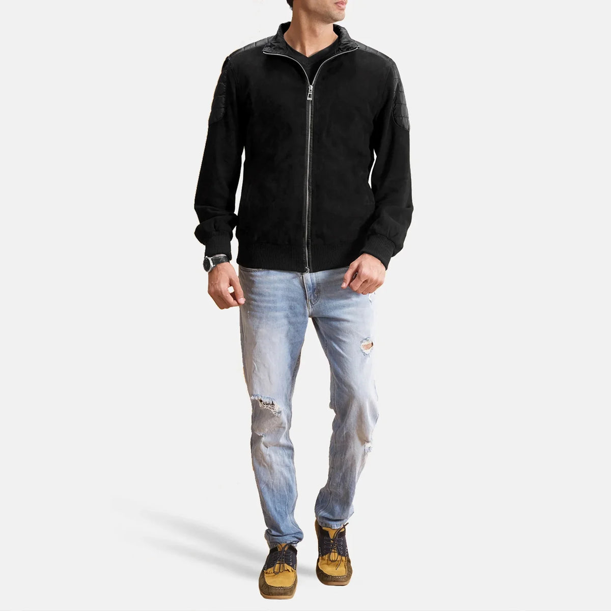 
Ethan Hybrid Suede Blouson Bombardier en Cuir pour Homme - Vue de profil mettant en valeur la coupe de manche ergonomique