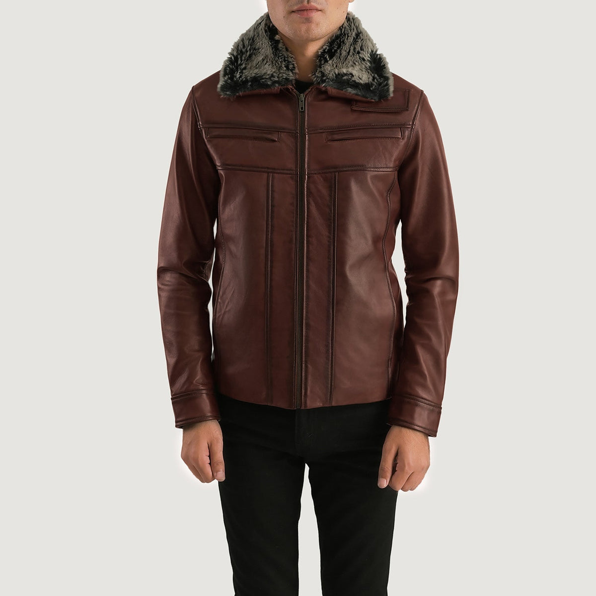 Men's Evan Hart Fur Marron Veste en Cuir pour Homme in Distressed Brown Sheepskin Burnishing - Vue de face &amp; silhouette ajustée | Acheter en ligne