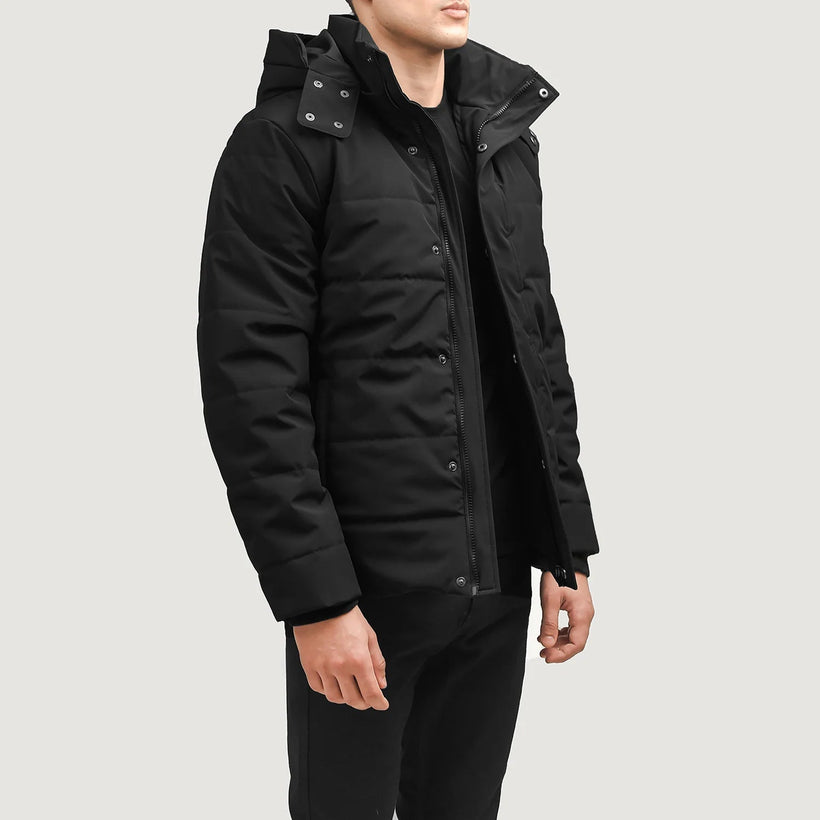 Exton Noir Hooded Down Puffer Veste en Cuir pour Homme